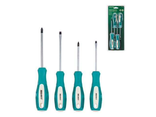 Набор отверток VOLAT 17085-04, 4 предмета (SL4x75, SL5x100, PH1x75, PH2x100), магнитные, двухкомпонентная рукоятка Anti-Slip